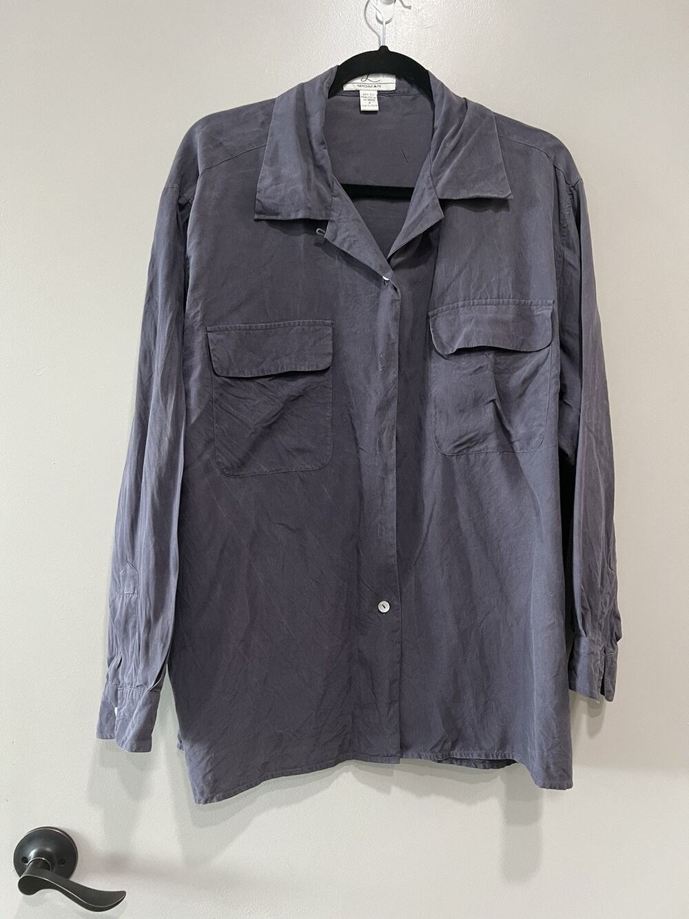 Black Silk Long Sleeve Button Down Shirt Women Capsule minimalist goth Size 16